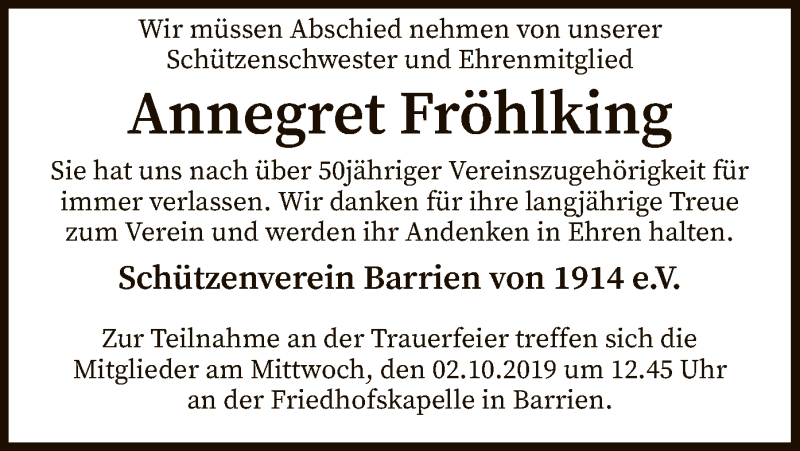  Traueranzeige für Annegret Fröhlking vom 28.09.2019 aus SYK