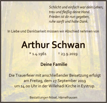 Traueranzeige von Arthur Schwan von SYK