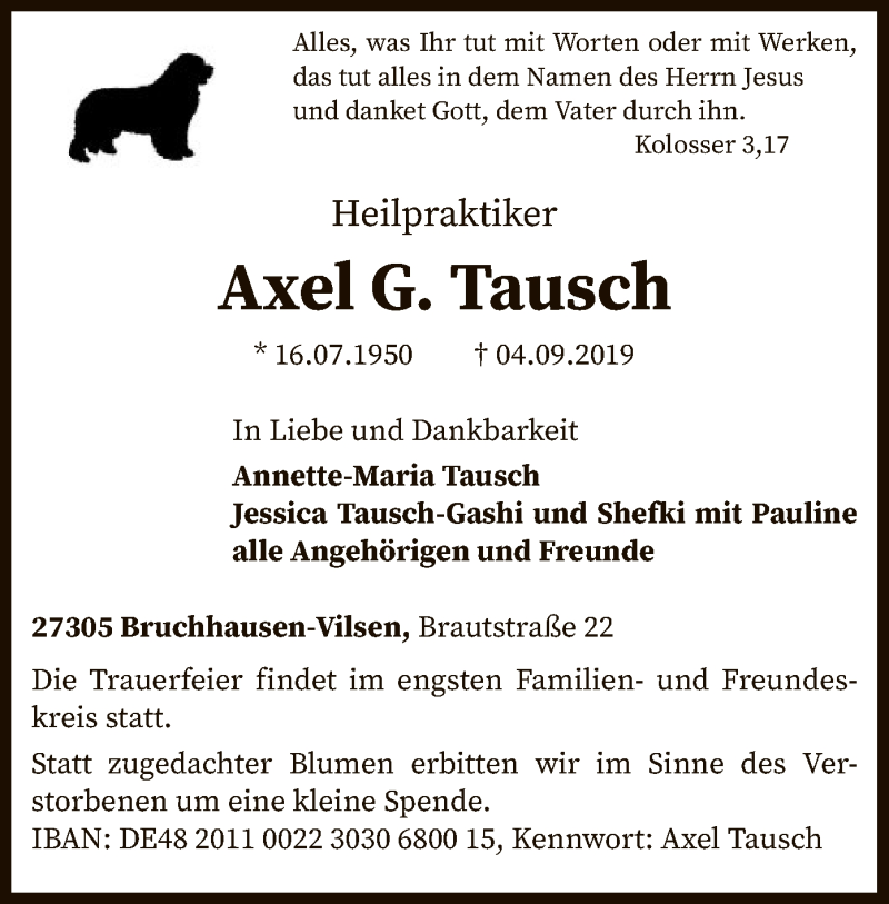  Traueranzeige für Axel G. Tausch vom 07.09.2019 aus SYK