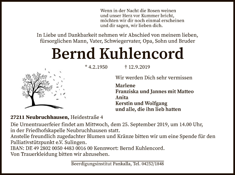  Traueranzeige für Bernd Kuhlencord vom 17.09.2019 aus SYK