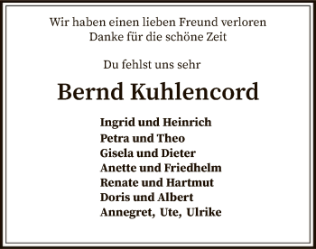 Traueranzeige von Bernd Kuhlencord von SYK