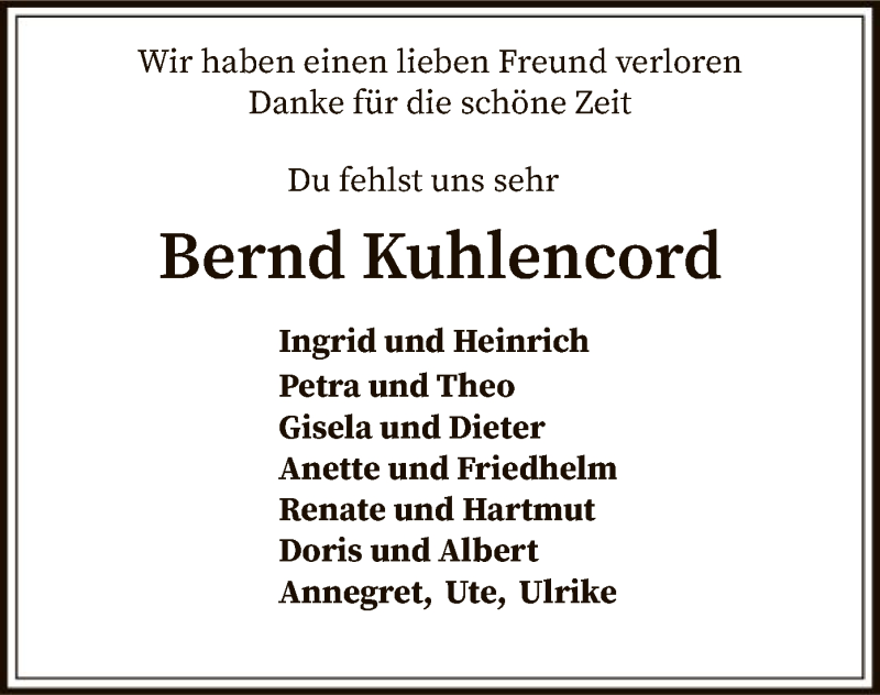  Traueranzeige für Bernd Kuhlencord vom 18.09.2019 aus SYK