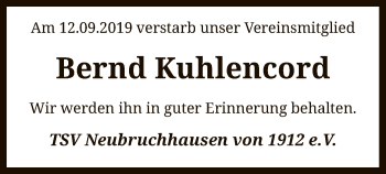 Traueranzeige von Bernd Kuhlencord von SYK