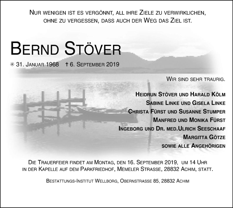  Traueranzeige für Bernd Stöver vom 14.09.2019 aus SYK