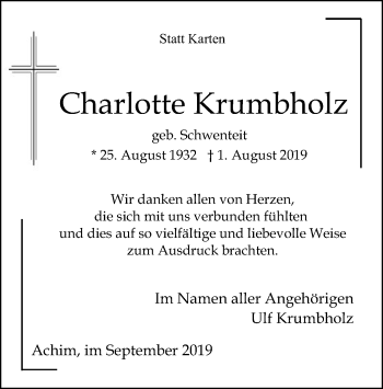 Traueranzeige von Charlotte Krumbholz von SYK