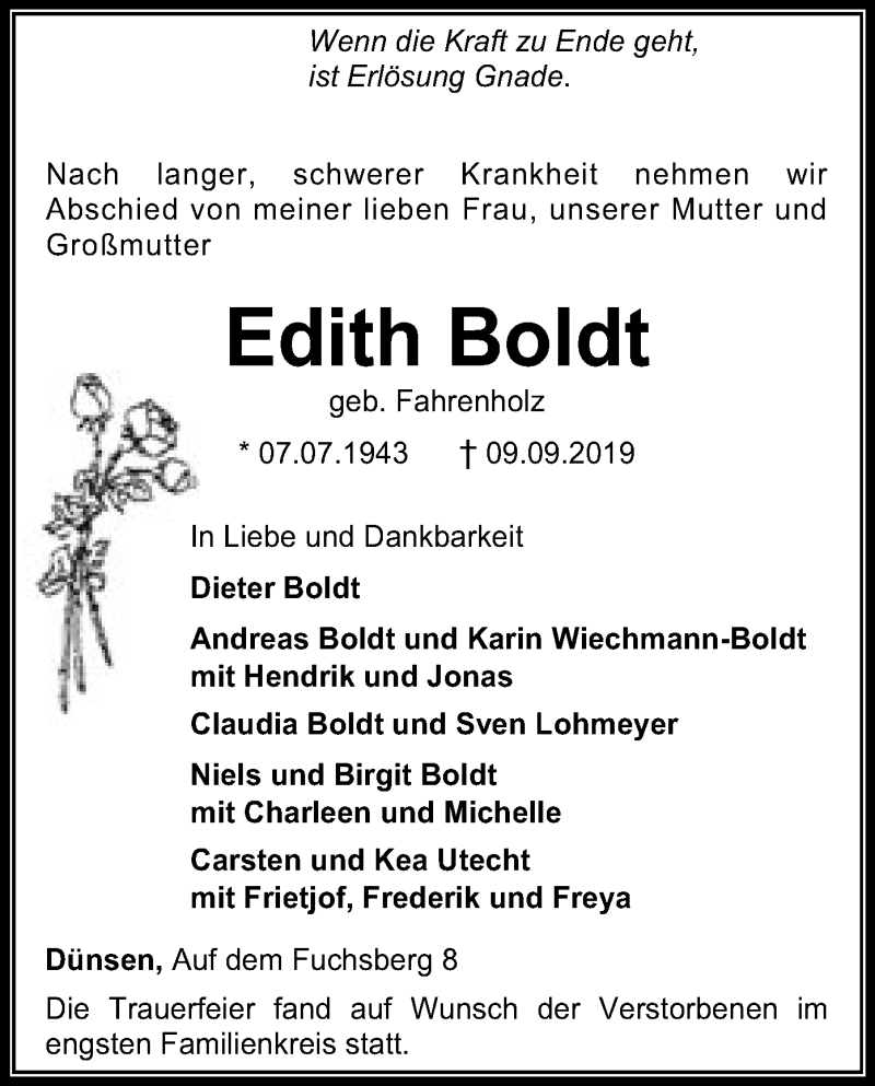  Traueranzeige für Edith Boldt vom 21.09.2019 aus SYK