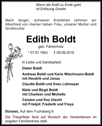 Traueranzeige von Edith Boldt von SYK