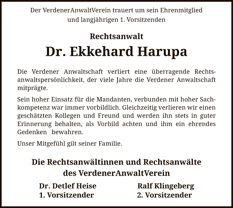  Traueranzeige für Ekkehard Harupa vom 07.09.2019 aus SYK