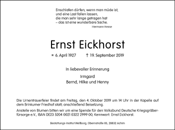 Traueranzeige von Ernst Eickhorst von SYK