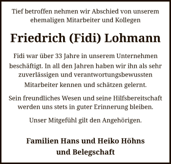 Traueranzeige von Friedrich Lohmann von SYK