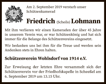 Traueranzeige von Friedrich Lohmann von SYK