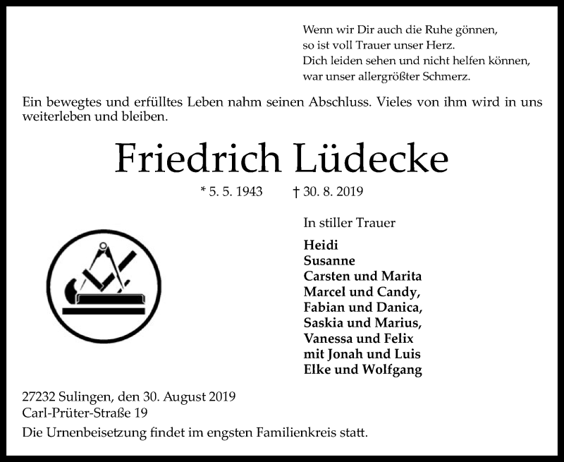  Traueranzeige für Friedrich Lüdecke vom 03.09.2019 aus SYK