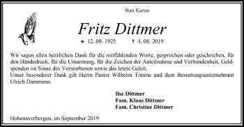 Traueranzeige von Fritz Dittmer von SYK