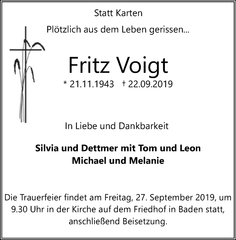  Traueranzeige für Fritz Voigt vom 25.09.2019 aus SYK