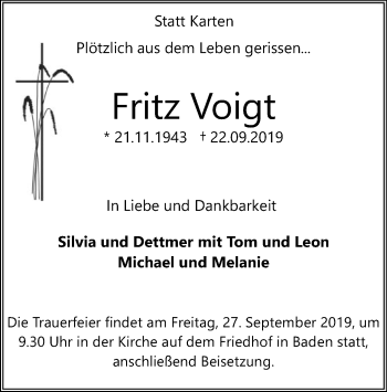 Traueranzeige von Fritz Voigt von SYK