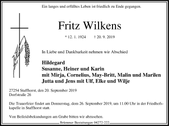 Traueranzeige von Fritz Wilkens von SYK