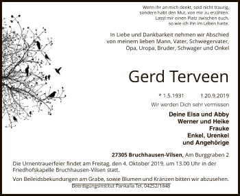 Traueranzeige von Gerd Terveen von SYK