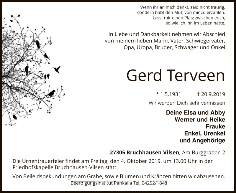  Traueranzeige für Gerd Terveen vom 25.09.2019 aus SYK