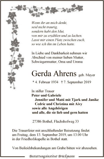 Traueranzeige von Gerda Ahrens von SYK