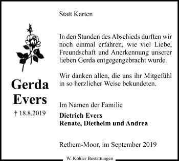 Traueranzeige von Gerda Evers von SYK