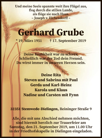 Traueranzeige von Gerhard Grube von SYK