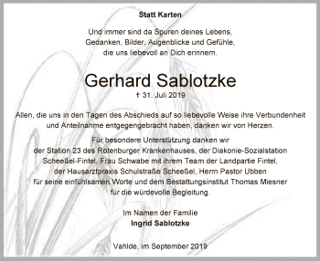 Traueranzeige von Gerhard Sablotzke von SYK