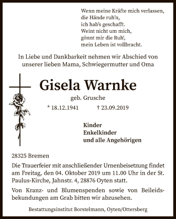 Traueranzeige von Gisela Warnke von SYK