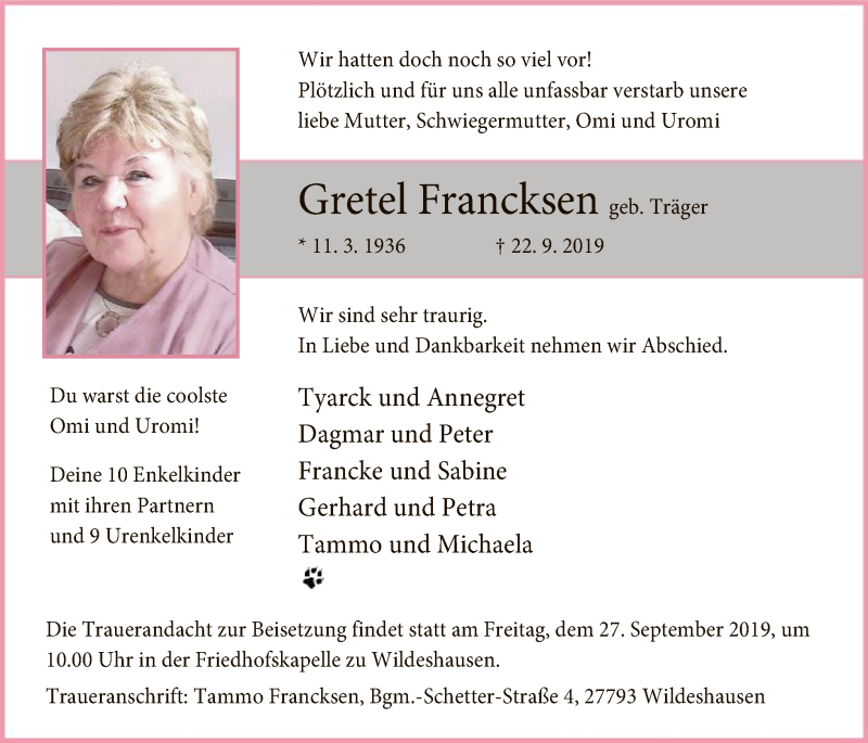  Traueranzeige für Gretel Francksen vom 25.09.2019 aus SYK
