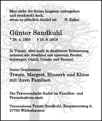 Traueranzeige von Günter Sandkuhl von SYK