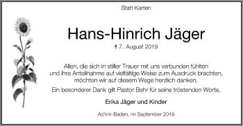 Traueranzeige von Hans-Hinrich Jäger von SYK