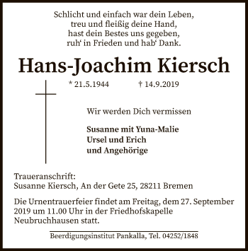 Traueranzeige von Hans-Joachim Kiersch von SYK