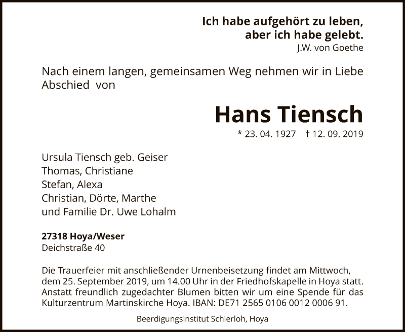  Traueranzeige für Hans Tiensch vom 20.09.2019 aus SYK
