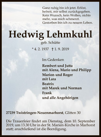 Traueranzeige von Hedwig Lehmkuhl von SYK