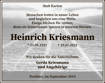 Traueranzeige von Heinrich Kriesmann von SYK