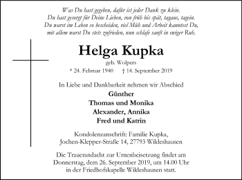 Traueranzeige von Helga Kupka von SYK