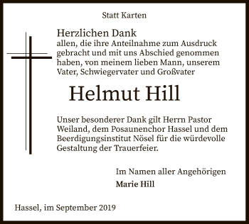 Traueranzeige von Helmut Hill von SYK