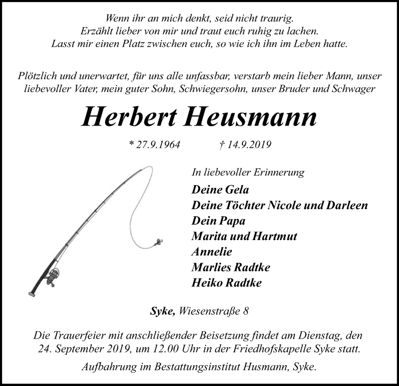  Traueranzeige für Herbert Heusmann vom 19.09.2019 aus SYK