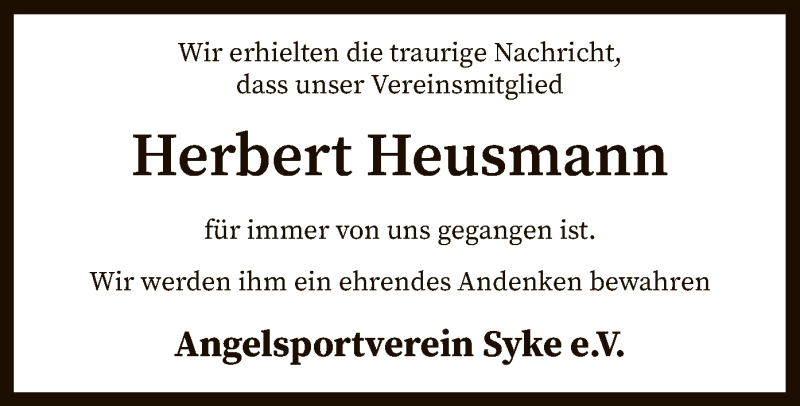  Traueranzeige für Herbert Heusmann vom 20.09.2019 aus SYK