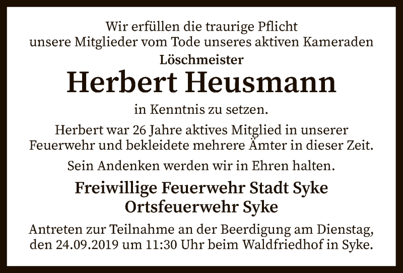  Traueranzeige für Herbert Heusmann vom 21.09.2019 aus SYK