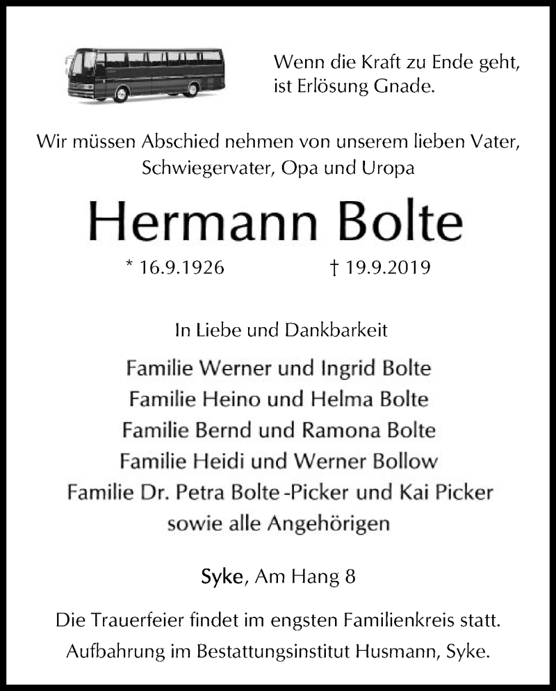  Traueranzeige für Hermann Bolte vom 21.09.2019 aus SYK