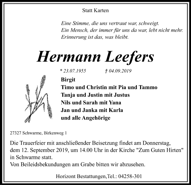  Traueranzeige für Hermann Leefers vom 09.09.2019 aus SYK