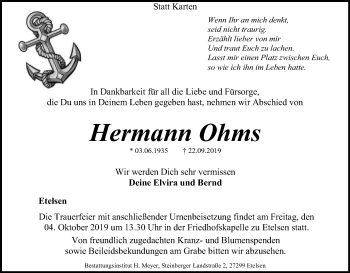 Traueranzeige von Hermann Ohms von SYK