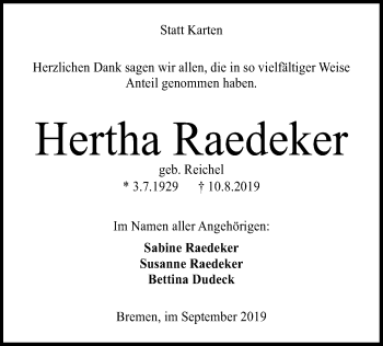 Traueranzeige von Hertha Raedeker von SYK