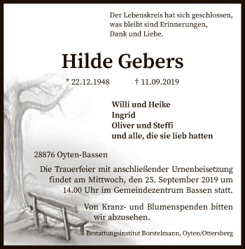 Traueranzeige von Hilde Gebers von SYK