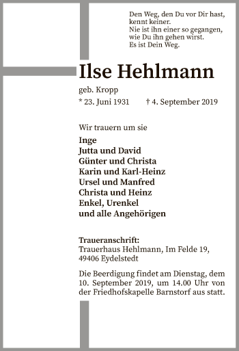 Traueranzeige von Ilse Hehlmann von SYK