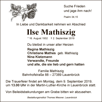 Traueranzeige von Ilse Mathiszig von SYK