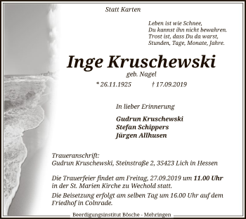 Traueranzeige von Inge Kruschewski von SYK