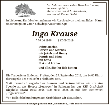 Traueranzeige von Ingo Krause von SYK