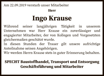 Traueranzeige von Ingo Krause von SYK