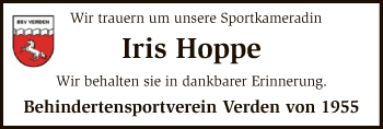 Traueranzeige von Iris Hoppe von SYK